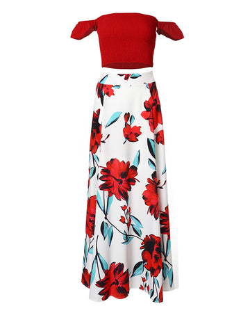 Off Shoulder Ruffles Top & Floral Print High Slit Skirt Set